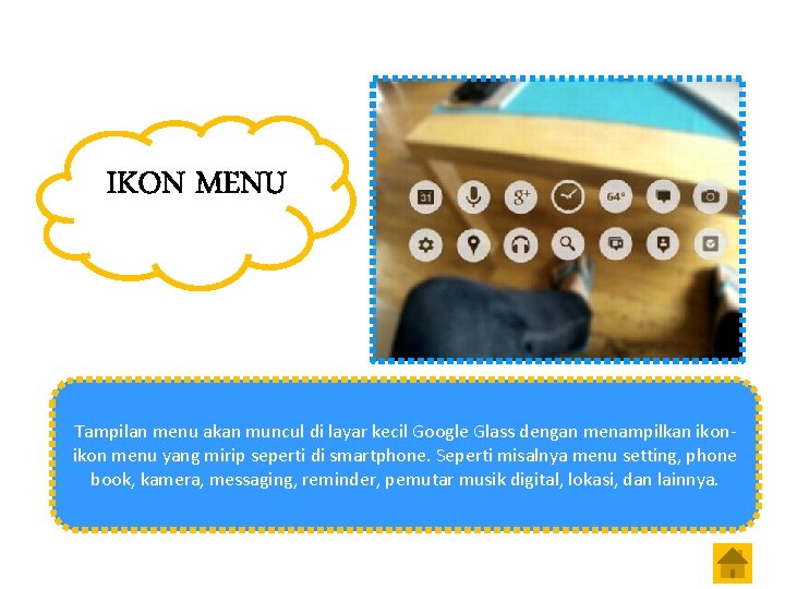 IKON MENU Tampilan menu akan muncul di layar kecil Google Glass dengan menampilkan ikon