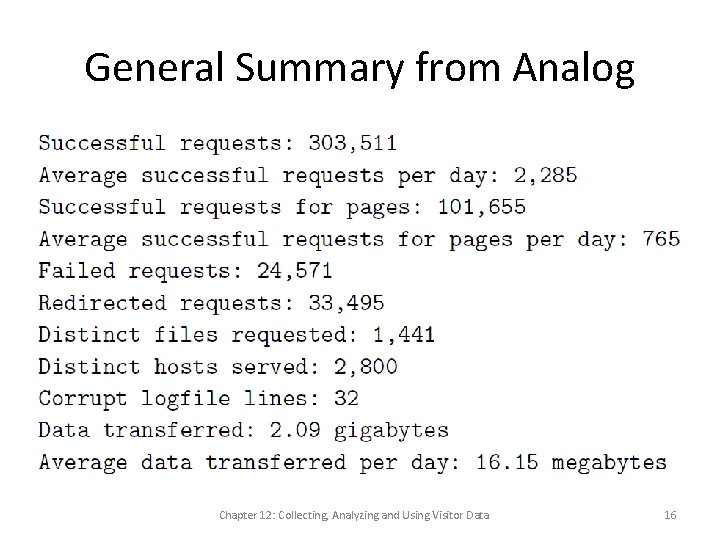 General Summary from Analog Chapter 12: Collecting, Analyzing and Using Visitor Data 16 