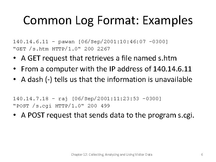 Common Log Format: Examples 140. 14. 6. 11 - pawan [06/Sep/2001: 10: 46: 07