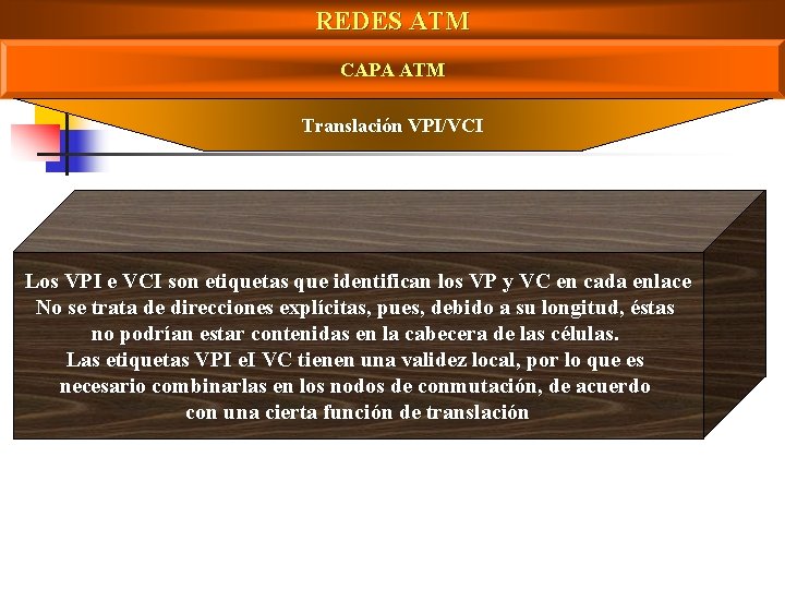 REDES ATM CAPA ATM Translación VPI/VCI Los VPI e VCI son etiquetas que identifican