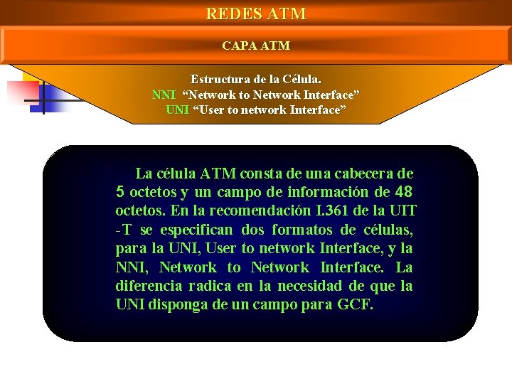 REDES ATM CAPA ATM Estructura de la Célula. NNI “Network to Network Interface” UNI