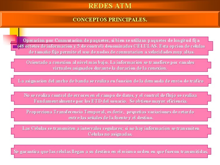 REDES ATM CONCEPTOS PRINCIPALES. Operación por Conmutación de paquetes, si bien se utilizan paquetes