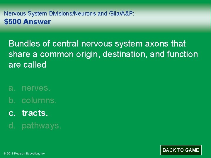 Nervous System Divisions/Neurons and Glia/A&P: $500 Answer Bundles of central nervous system axons that