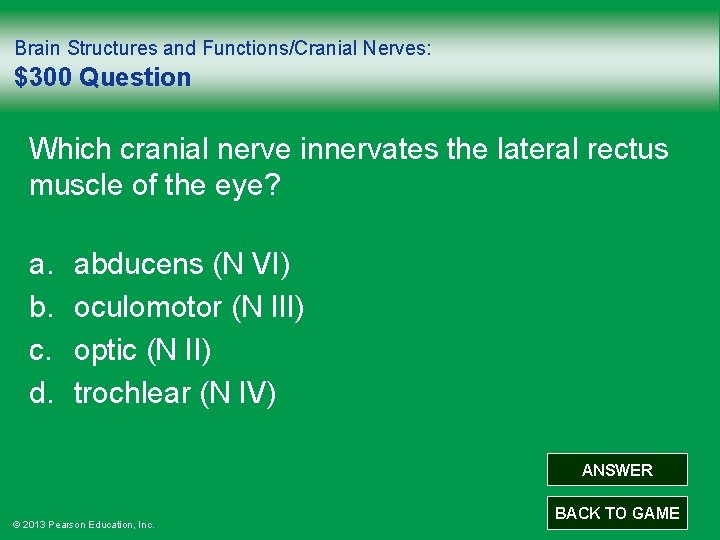 Brain Structures and Functions/Cranial Nerves: $300 Question Which cranial nerve innervates the lateral rectus