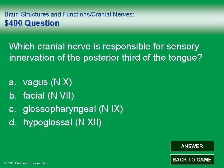 Brain Structures and Functions/Cranial Nerves: $400 Question Which cranial nerve is responsible for sensory