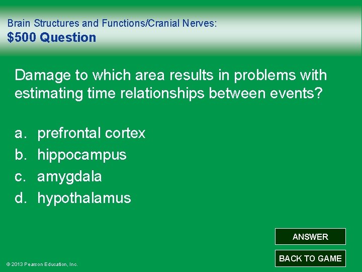 Brain Structures and Functions/Cranial Nerves: $500 Question Damage to which area results in problems