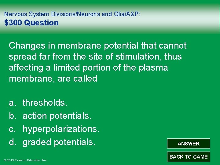 Nervous System Divisions/Neurons and Glia/A&P: $300 Question Changes in membrane potential that cannot spread