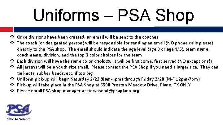 Uniforms – PSA Shop v Once divisions have been created, an email will be