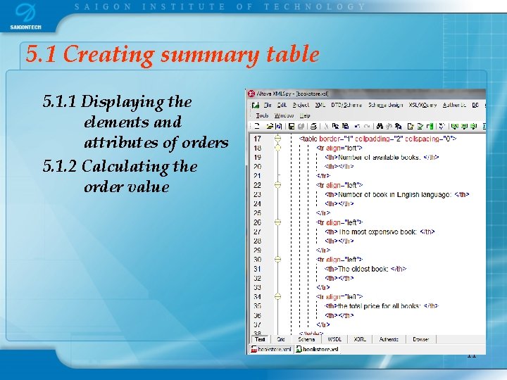 5. 1 Creating summary table 5. 1. 1 Displaying the elements and attributes of