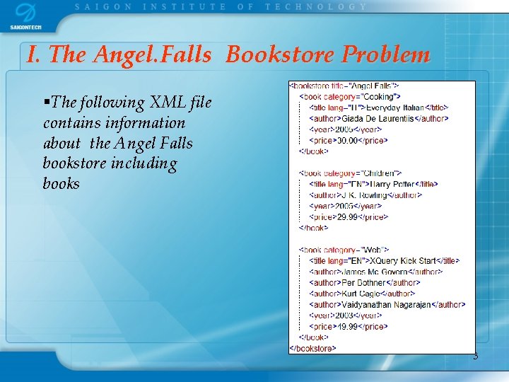 I. The Angel. Falls Bookstore Problem §The following XML file contains information about the