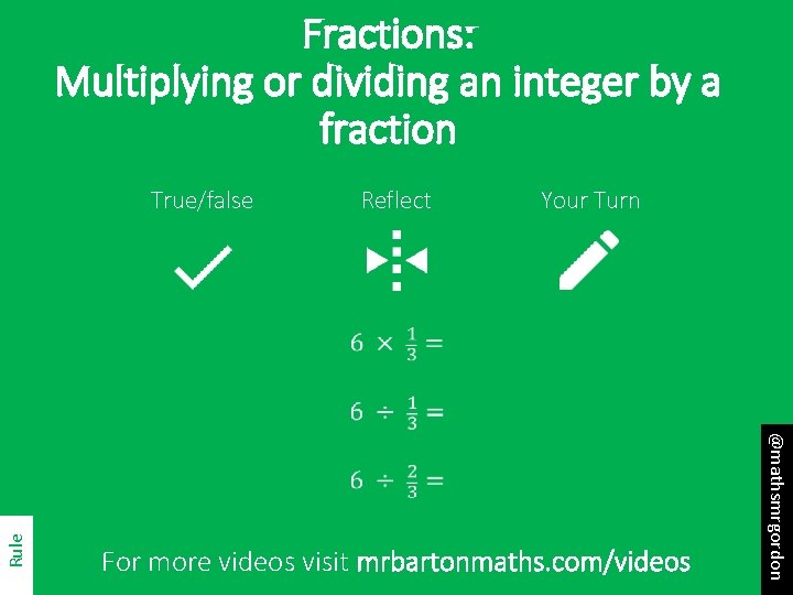 Fractions: Multiplying or dividing an integer by a fraction True/false Reflect Your Turn For