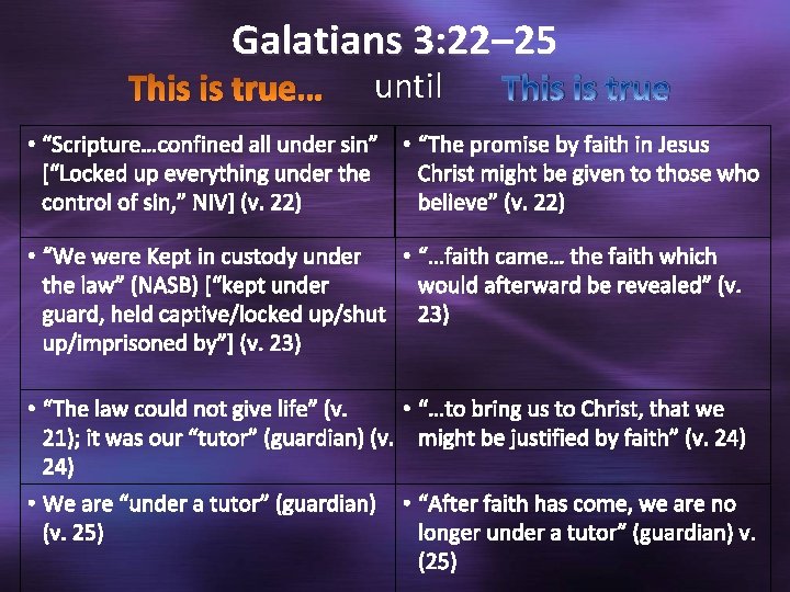 Galatians 3: 22– 25 This is true… until This is true • “Scripture…confined all