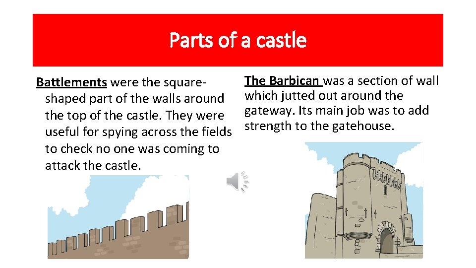 Parts of a castle Battlements were the squareshaped part of the walls around the