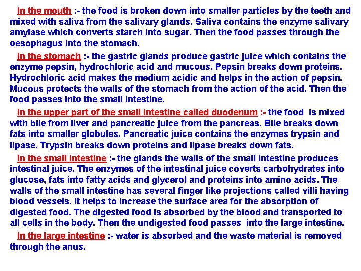 In the mouth : - the food is broken down into smaller particles by