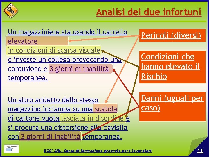 Analisi dei due infortuni Un magazziniere sta usando il carrello elevatore in condizioni di