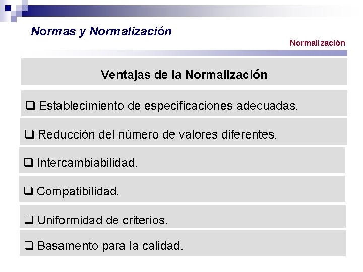 Normas y Normalización Ventajas de la Normalización q Establecimiento de especificaciones adecuadas. q Reducción