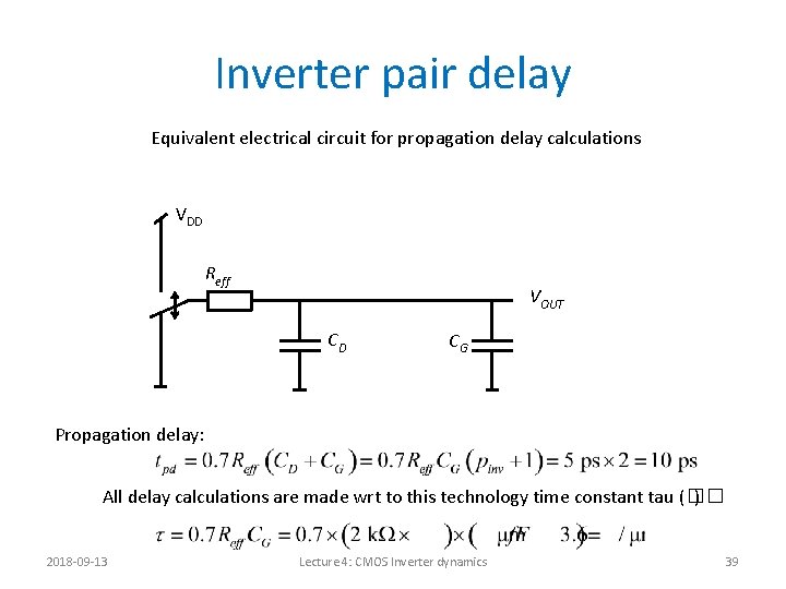 Inverter pair delay Equivalent electrical circuit for propagation delay calculations VDD Reff VOUT CD