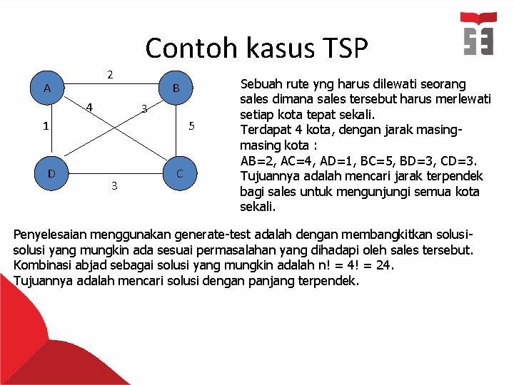 Contoh kasus TSP 2 A 4 B 3 1 D 5 3 C Sebuah