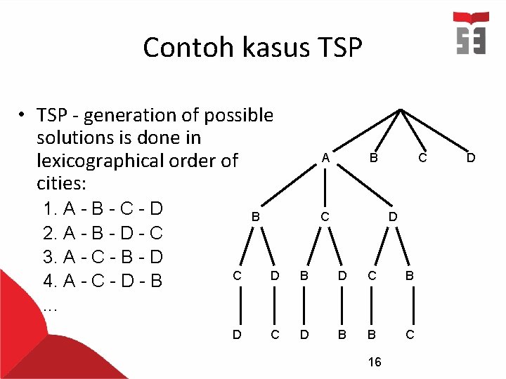 Contoh kasus TSP • TSP - generation of possible solutions is done in lexicographical