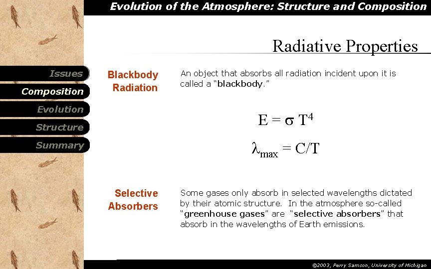 Evolution of the Atmosphere: Structure and Composition Radiative Properties Issues Composition Blackbody Radiation Evolution Evolution of the Atmosphere: Structure and Composition Radiative Properties Issues Composition Blackbody Radiation Evolution