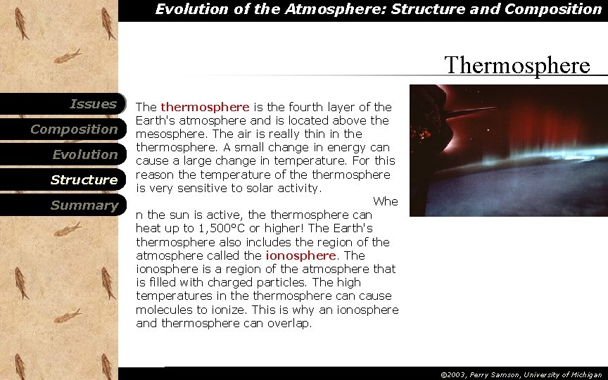 Evolution of the Atmosphere: Structure and Composition Thermosphere Issues Composition Evolution Structure Summary The Evolution of the Atmosphere: Structure and Composition Thermosphere Issues Composition Evolution Structure Summary The