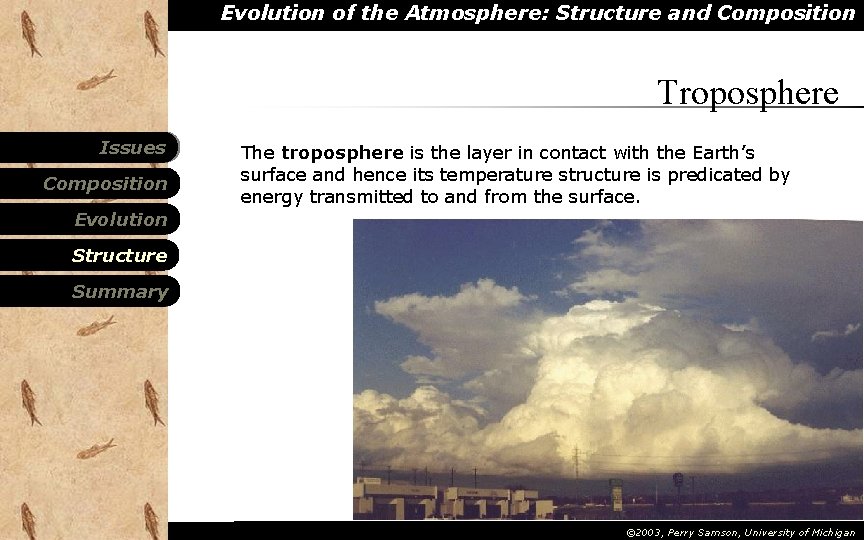 Evolution of the Atmosphere: Structure and Composition Troposphere Issues Composition The troposphere is the Evolution of the Atmosphere: Structure and Composition Troposphere Issues Composition The troposphere is the