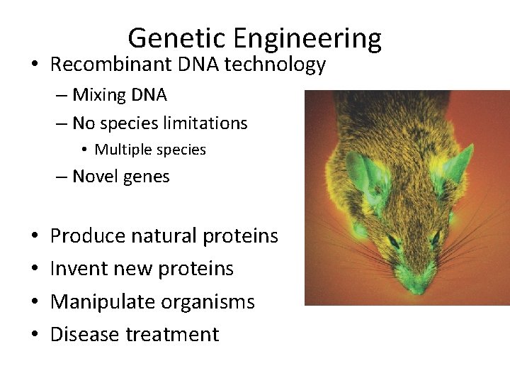 Genetic Engineering • Recombinant DNA technology – Mixing DNA – No species limitations •
