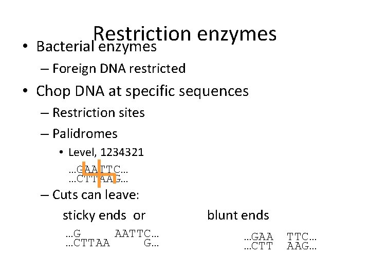  • Restriction enzymes Bacterial enzymes – Foreign DNA restricted • Chop DNA at