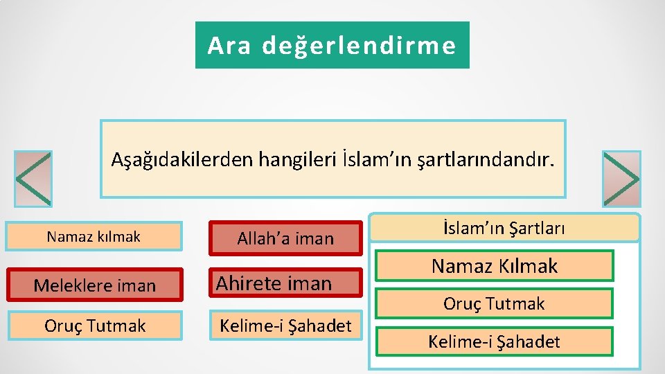 Ara değerlendirme Aşağıdakilerden hangileri İslam’ın şartlarındandır. Namaz kılmak Meleklere iman Oruç Tutmak Allah’a iman