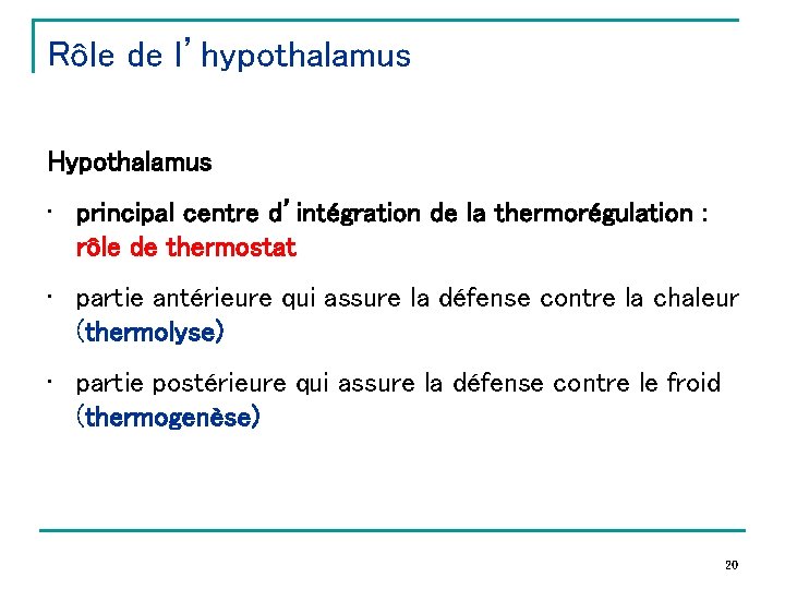 Rôle de l’hypothalamus Hypothalamus • principal centre d’intégration de la thermorégulation : rôle de