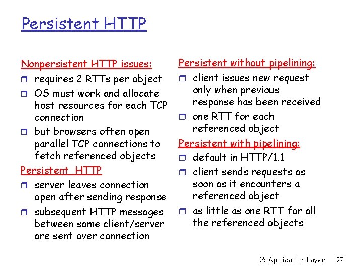 Persistent HTTP Nonpersistent HTTP issues: r requires 2 RTTs per object r OS must