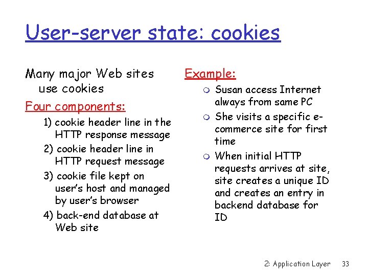 User-server state: cookies Many major Web sites use cookies Four components: 1) cookie header