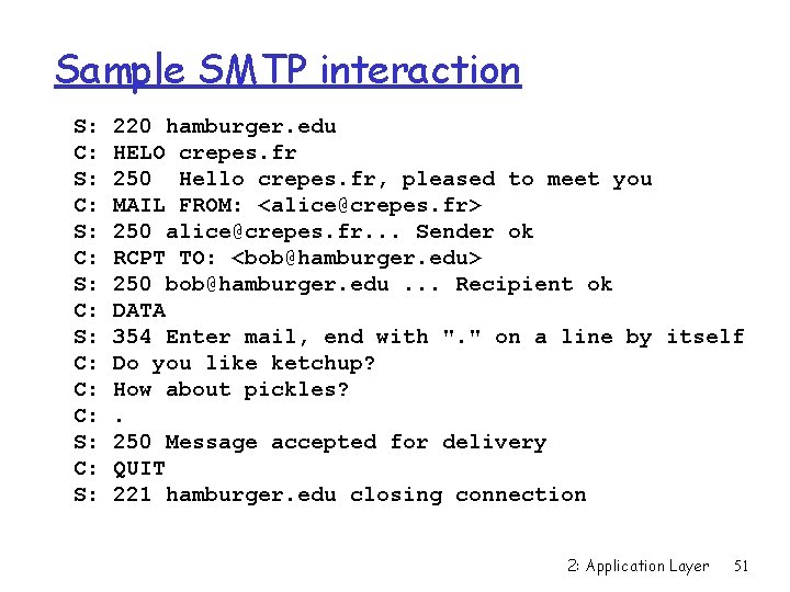 Sample SMTP interaction S: C: S: C: C: C: S: 220 hamburger. edu HELO