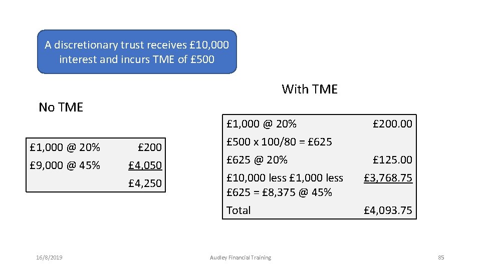 A discretionary trust receives £ 10, 000 interest and incurs TME of £ 500 A discretionary trust receives £ 10, 000 interest and incurs TME of £ 500