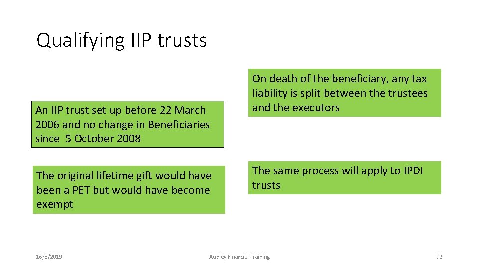 Qualifying IIP trusts An IIP trust set up before 22 March 2006 and no Qualifying IIP trusts An IIP trust set up before 22 March 2006 and no
