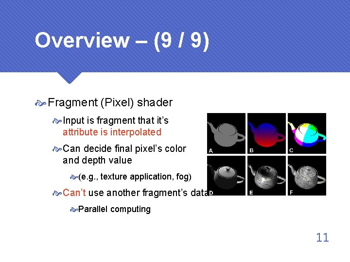 Overview – (9 / 9) Fragment (Pixel) shader Input is fragment that it’s attribute