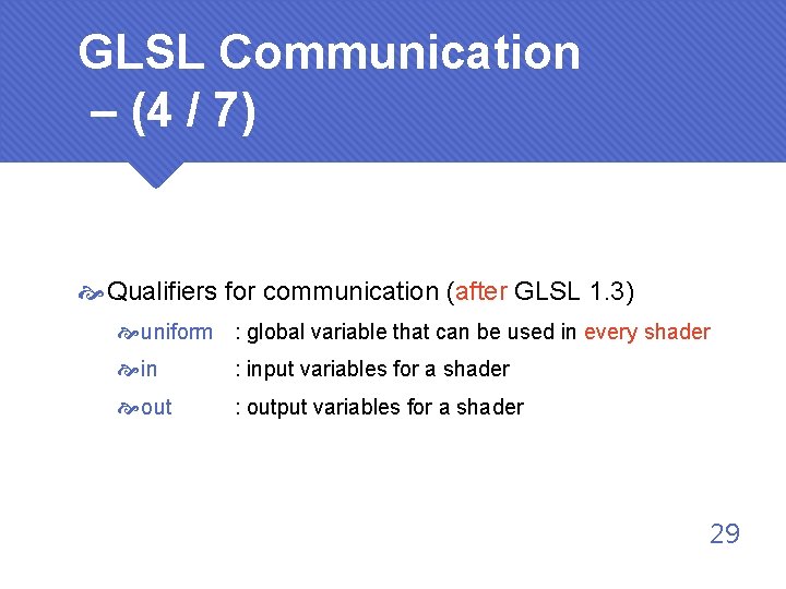 GLSL Communication – (4 / 7) Qualifiers for communication (after GLSL 1. 3) uniform