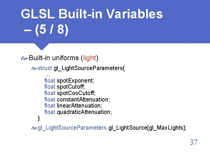 GLSL Built-in Variables – (5 / 8) Built-in uniforms (light) struct gl_Light. Source. Parameters{