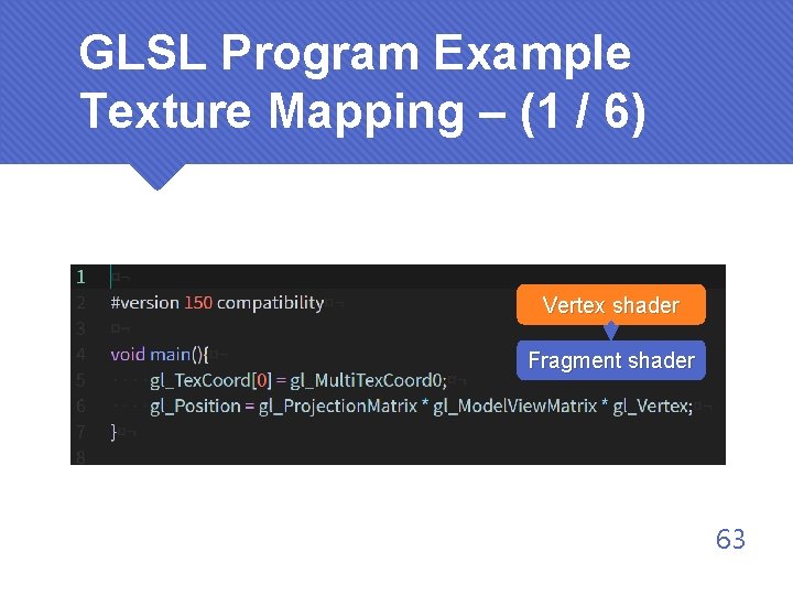 GLSL Program Example Texture Mapping – (1 / 6) Vertex shader Fragment shader 63