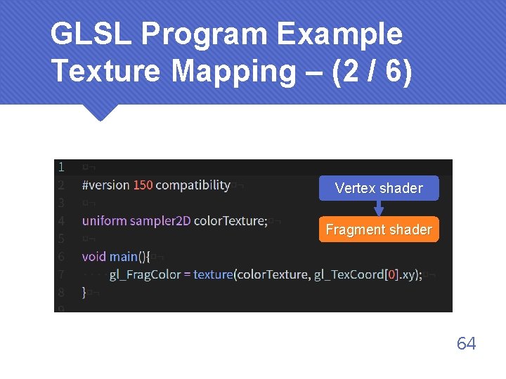 GLSL Program Example Texture Mapping – (2 / 6) Vertex shader Fragment shader 64