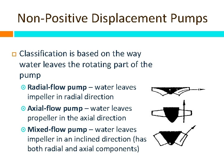 Non-Positive Displacement Pumps Classification is based on the way water leaves the rotating part