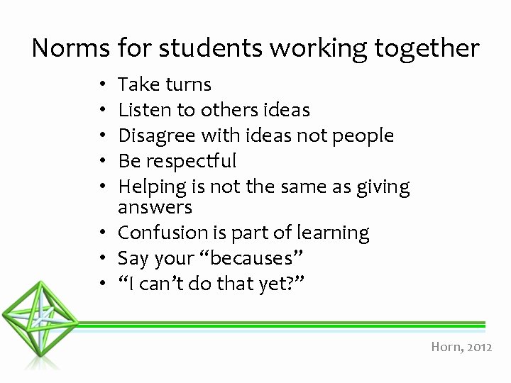 Norms for students working together Take turns Listen to others ideas Disagree with ideas