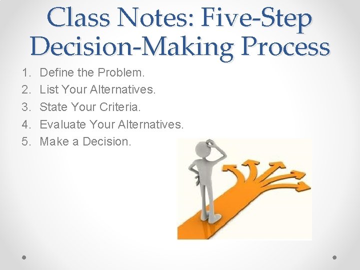 Class Notes: Five-Step Decision-Making Process 1. 2. 3. 4. 5. Define the Problem. List