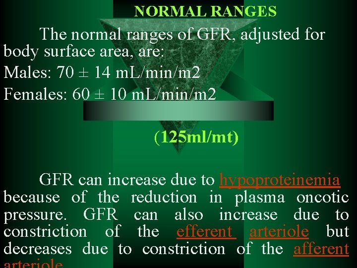 NORMAL RANGES The normal ranges of GFR, adjusted for body surface area, are: Males: