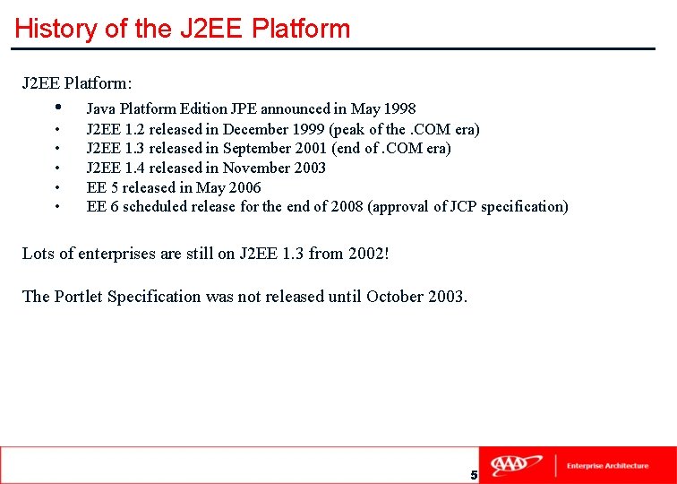 History of the J 2 EE Platform: • • • Java Platform Edition JPE