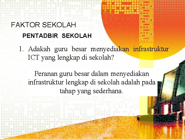 FAKTOR SEKOLAH PENTADBIR SEKOLAH 1. Adakah guru besar menyediakan infrastruktur ICT yang lengkap di