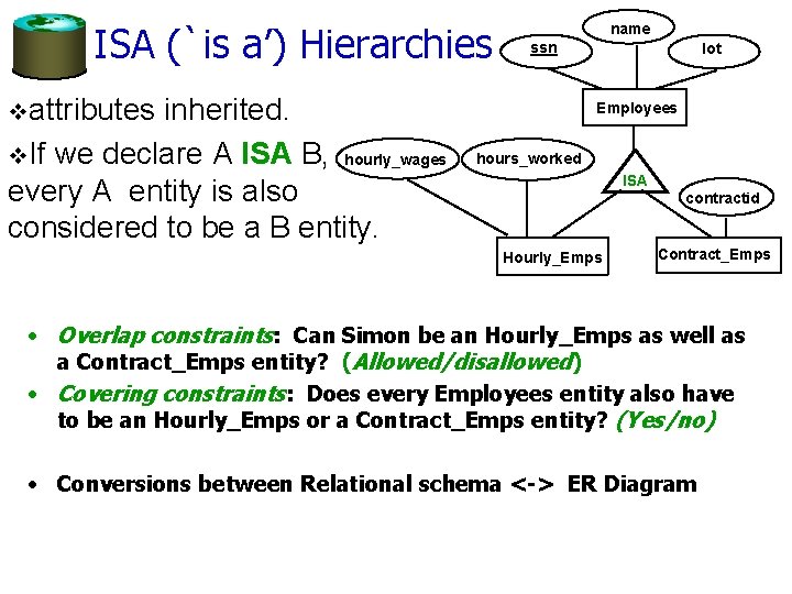 ISA (`is a’) Hierarchies inherited. v. If we declare A ISA B, hourly_wages every