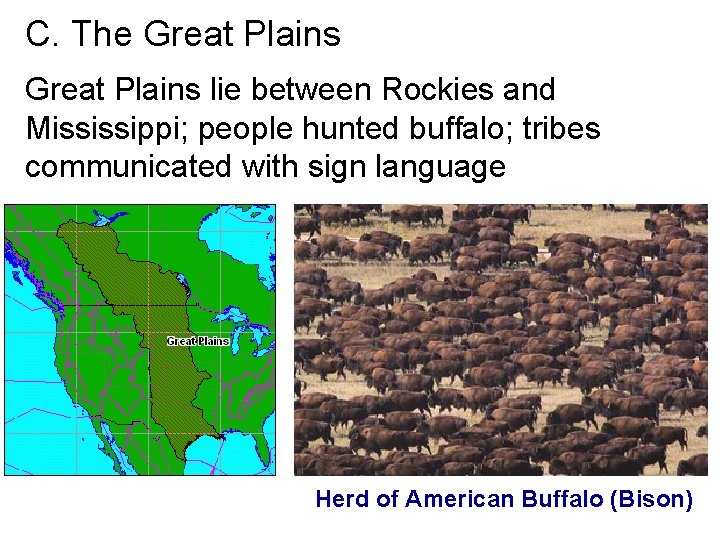 C. The Great Plains lie between Rockies and Mississippi; people hunted buffalo; tribes communicated