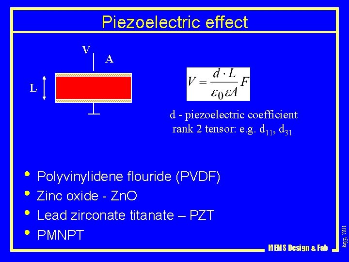 Piezoelectric effect V A L • Polyvinylidene flouride (PVDF) • Zinc oxide - Zn.