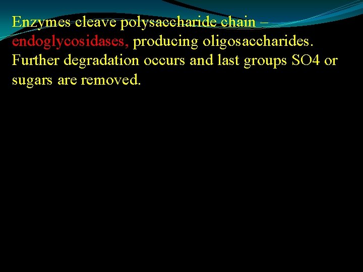 Enzymes cleave polysaccharide chain – endoglycosidases, producing oligosaccharides. Further degradation occurs and last groups